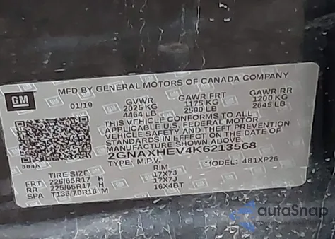 2019 Chevrolet Equinox Ls из США, поврежденный, VIN 2GNAXHEV4K6213568